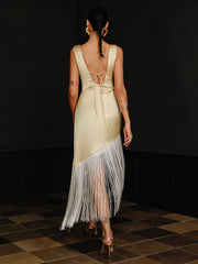 Satin Asymmetric Fringe Hem Maxi Dress