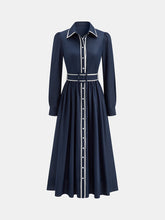 Contrast Trim Belted Pleated Shirt Dress