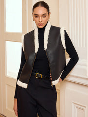 Shearling Trim Zip-Up Faux Leather Vest
