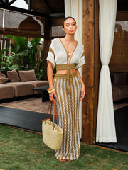 Crochet Stripe Skirt Set With Tassel Tie Waist