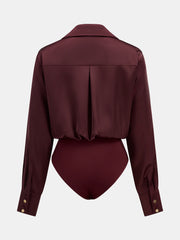 Collared Draped Satin Long Sleeve Bodysuit