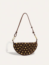 Suede Effect Studded Half-Moon Shoulder Bag