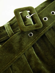 Belted Pleated Velvet Wide-Leg Pants