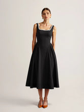 Sleeveless Square Neck Diamond Trim Flare Dress