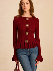 Metal Detail Ruffled Hem Knit Top