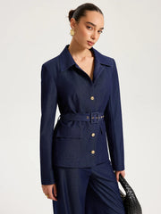 Belted Metal Button Faux Denim Blazer