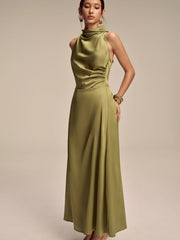 Satin Mock Neck Sleeveless Maxi Dress