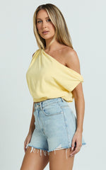 Collins Linen Top - Draped Asymmetrical Neckline Top in Lemon