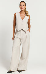 Melinda Pants - Recycled Tailored High Waisted Pleated Wide Leg Pants in Stone