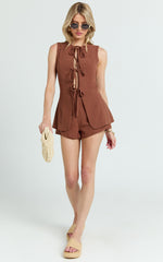 Keyla Two Piece Set - Tie Front Top and Mini Shorts in Chocolate