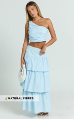 Kaycie Two Piece Set - One Shoulder Asymmetrical Ruched Top and Tiered Midi Skirt Set in Pale Blue