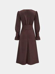 V-Neck Puff Sleeve Button Fitted Dress