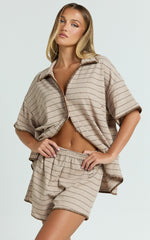 Laura Two Piece Set - Stripe Waffle Knit Shirt & Short Set in Brown/Cream Stripe