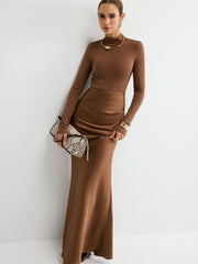 Satin Panel Mock Neck Long Sleeve Maxi Dress