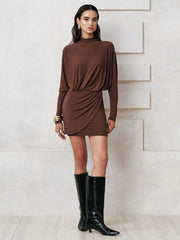 High-Neck Draped Batwing Sleeve Mini Dress
