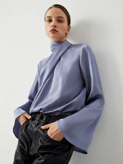 Asymmetric Pleated Turtleneck Satin Blouse