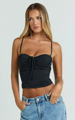 Clare Top - Gathered Front Bow Strappy Crop Top in Black