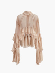 Sheer Turtleneck Ruffle Chiffon Blouse