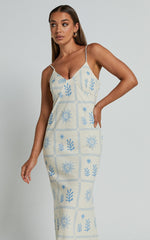 Zinnia Midi Linen Dress - Strappy Linen Slip Dress in Beige/Blue Border Print