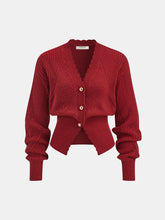Scalloped Edge Ribbed V-Neck Buttoned Cardigan