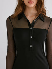 Contrast Mesh Collared Midi Dress