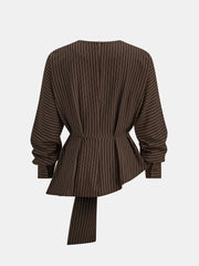 Belted Pinstripe Asymmetric Blouse