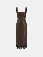 Lace Trim PU Leather Sleeveless Maxi Dress
