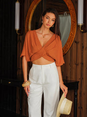 Cotton & Linen Criss-Cross Front Blouse