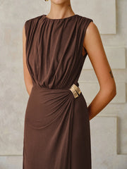 Metal Buckle Sleeveless Ruched Maxi Dress