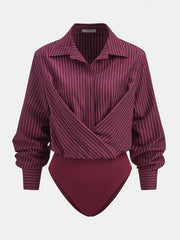 Pinstripe Cross-Front Collared Bodysuit