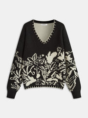 Floral Pattern V-Neck Sweater