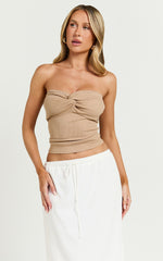 Jelena Top - Jersey Strapless Twist Front Top in Tan
