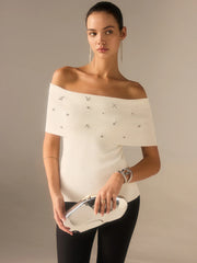 Off-Shoulder Knit Top with Crystal Embellishments