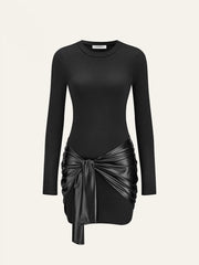 Faux Leather Paneled Knit Long Sleeve Mini Dress