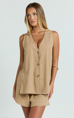 Devon Two Piece Set - Open Side Detail Top & Short Linen Set in Biscuit