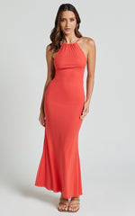Yuri Midi Dress - High Neck Sleeveless Mermaid Dress in Coral