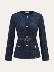 Metal Button Belted Tweed Jacket