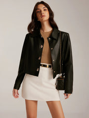 Metal-Button PU Leather Short Jacket