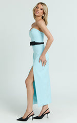 Veronica Midi Dress - Sweetheart Strapless Bow Detail High Split Dress in Blue & Black