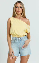 Collins Linen Top - Draped Asymmetrical Neckline Top in Lemon
