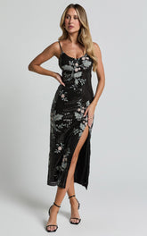 Adrienne Midi Dress - Sequin Embroidered Slip Dress in Black