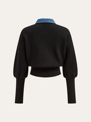 Wool Blend Denim Collar Puff Sleeve Cardigan