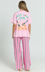 Alda Two Piece Set - Pasta Lovers Club Tee and Striped Pant Set in Pink