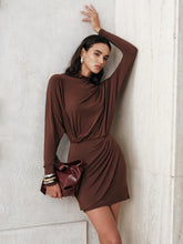 High-Neck Draped Batwing Sleeve Mini Dress