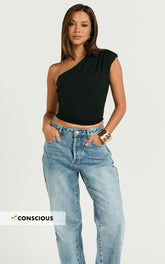 Renner Top - Gathered Extended One Shoulder Top in Black