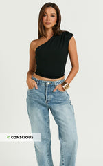 Renner Top - Gathered Extended One Shoulder Top in Black