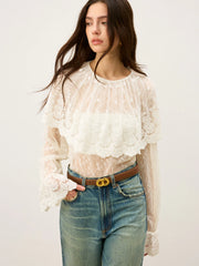 Semi-Sheer Ruffle-Trimmed Lace Flared-Sleeve Blouse