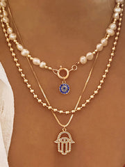 Pearl & Hamsa Hand Multi-Layer Necklace Set
