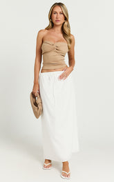 Jelena Top - Jersey Strapless Twist Front Top in Tan