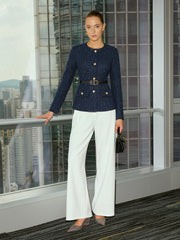 Metal Button Belted Tweed Jacket